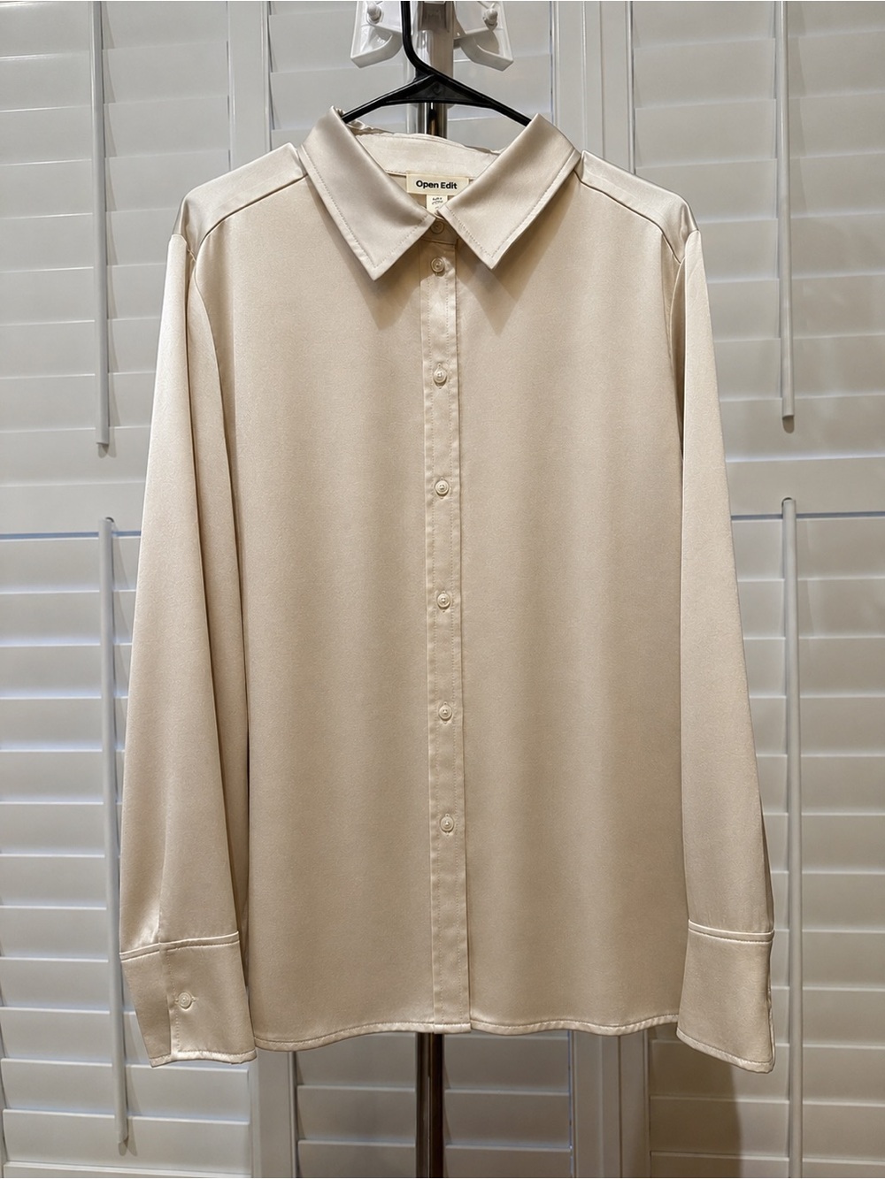Open Edit Woman's Satin Button-Up Blouse – Ivory Dove – XXL – NWT